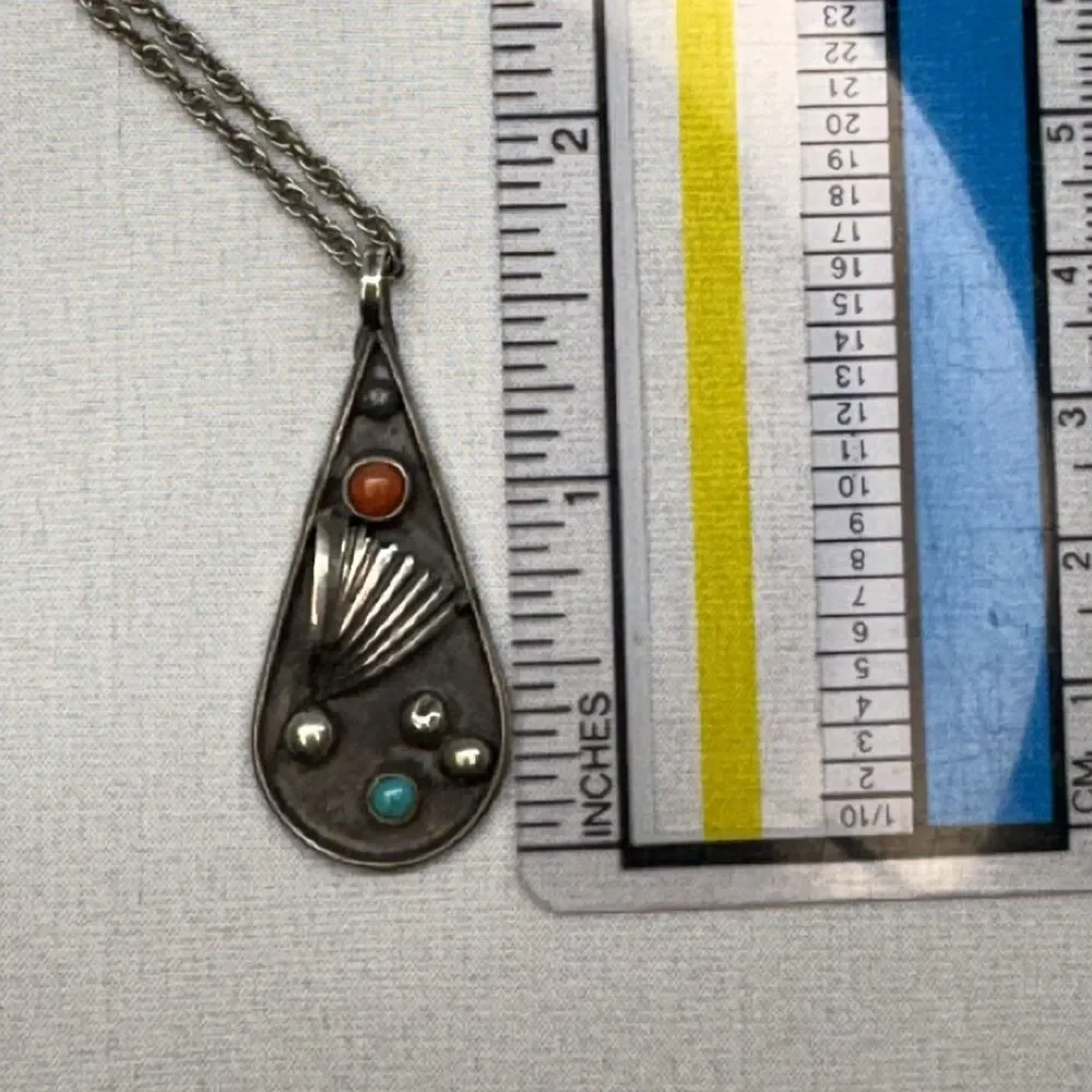 Vintage Southwestern Sterling Turquoise Coral Pitot Point Teardrop Pendant